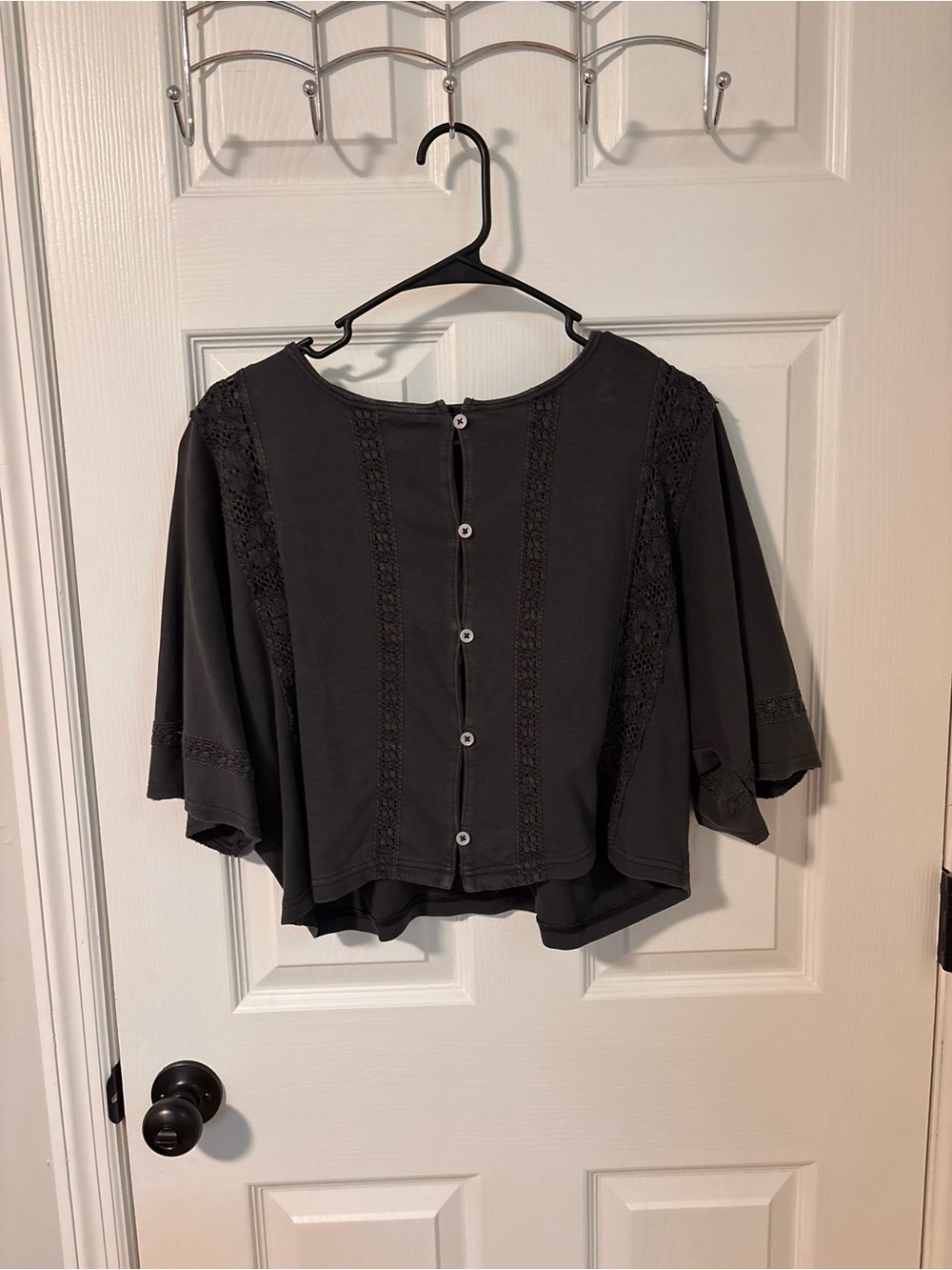 aerie Black Button-Back Lace-Trim Blouse